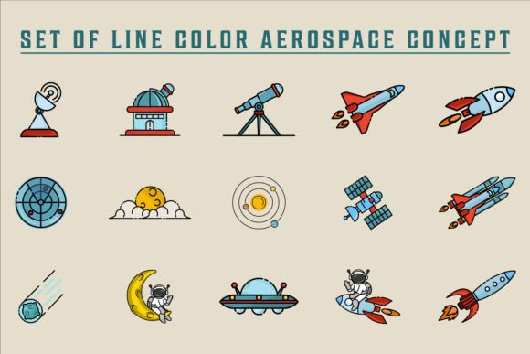Set of Aerospace Icon Line Color Vector Graphics