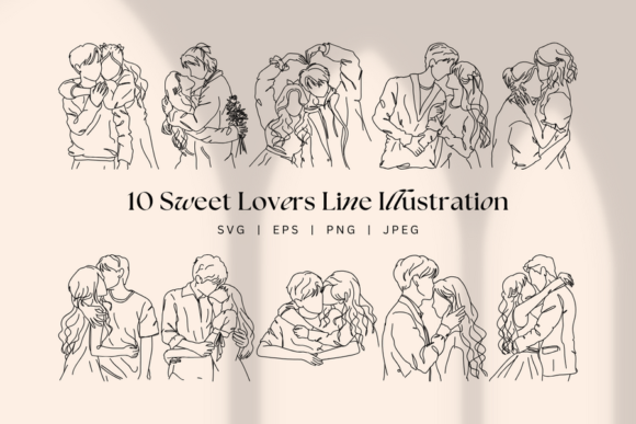 Sweet Lovers Kiss and Hug Line Art Graphics