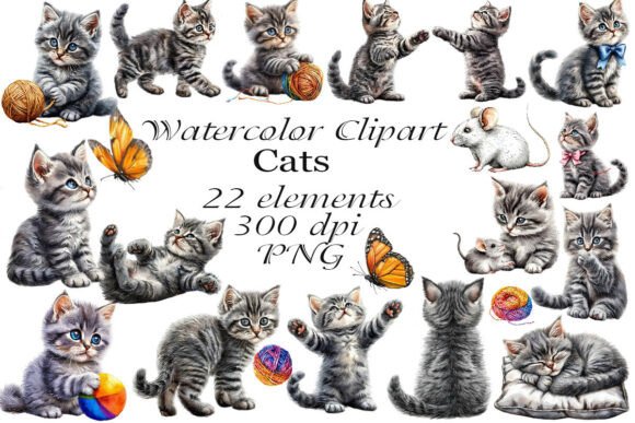 Watercolor Cats Clipart Graphics for Crafting